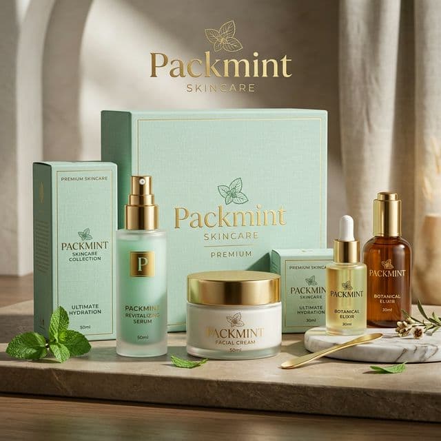 Premium skincare packaging mockup featuring luxury boxes and bottles